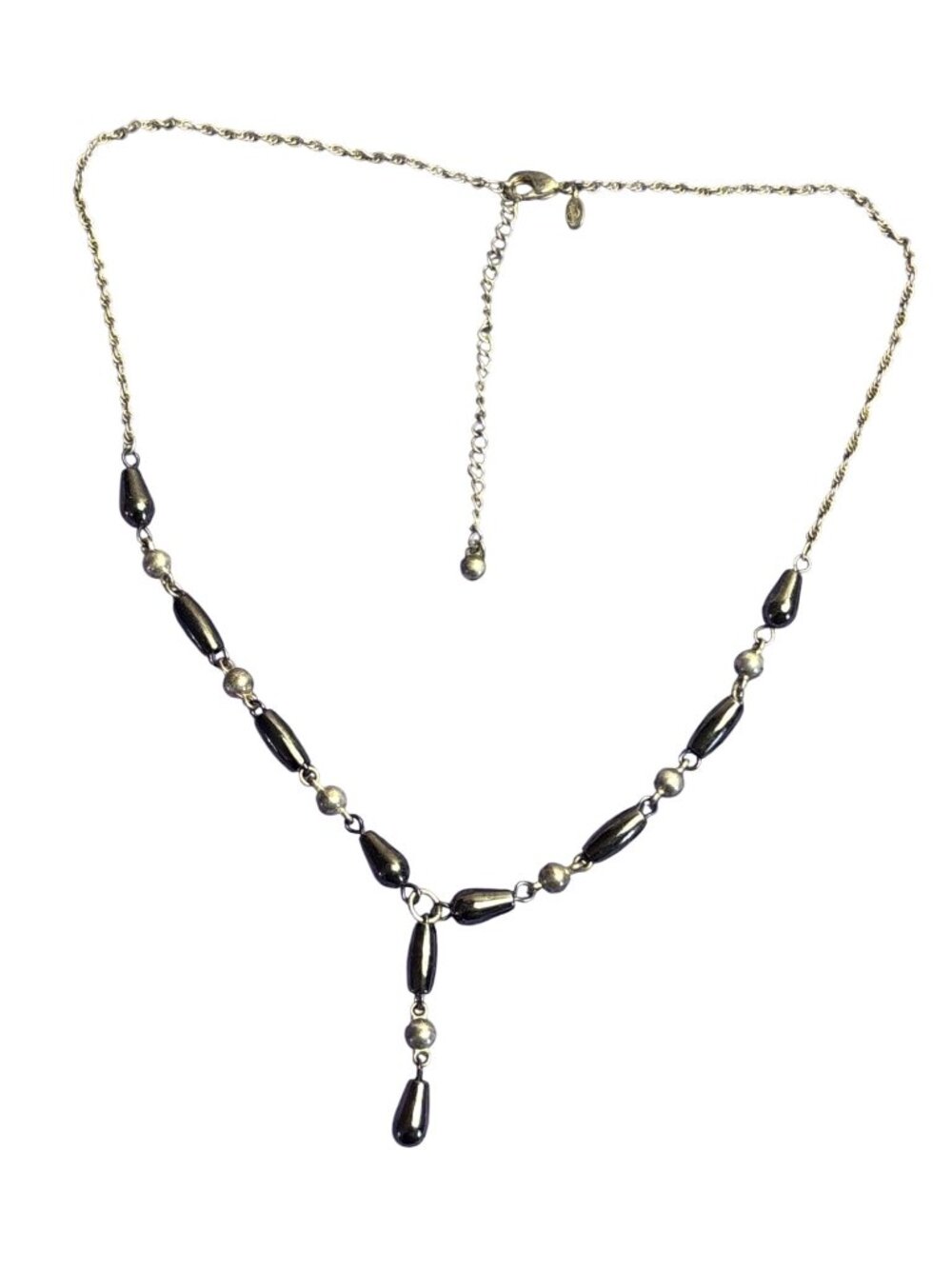 Vtg 90s Silvertone Hematite Stone Beaded Y Necklace Rope Chain Lobster Clasp